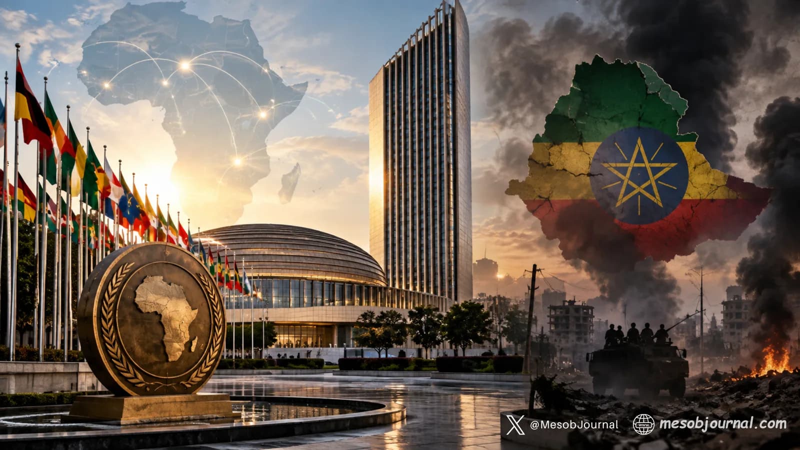 Composite: African Union headquarters and a conflict-themed Ethiopia backdrop.