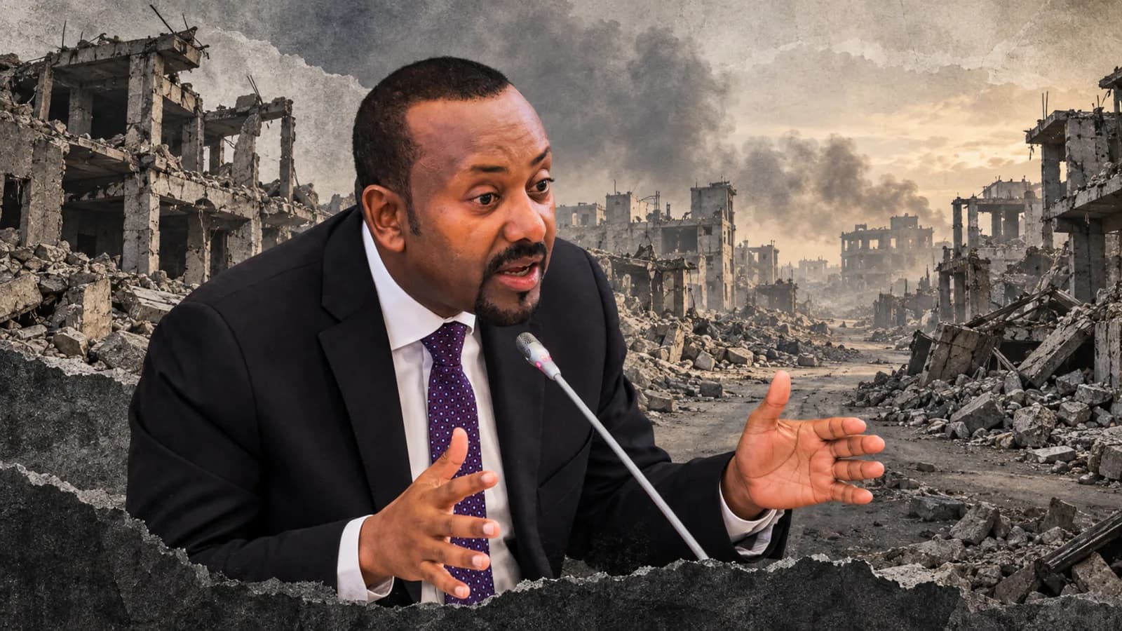 Editorial montage of Abiy Ahmed speaking, with ruined buildings behind him.