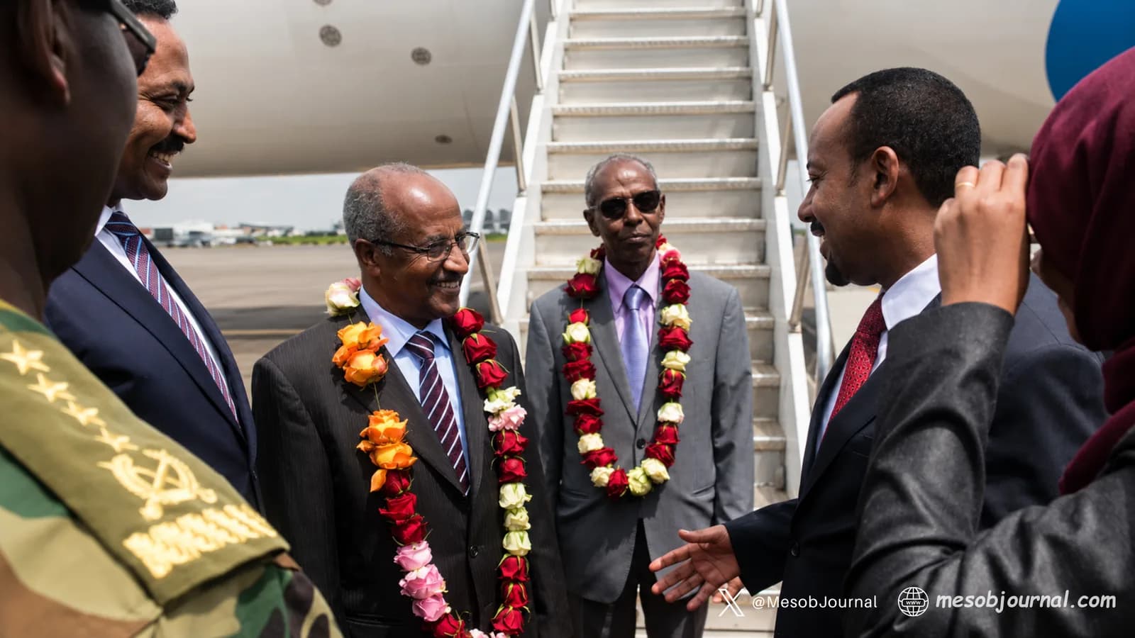 Eritrean FM Osman Saleh and Presidential Adviser Yemane Gebreab welcomed by PM Abiy Ahmed in Addis Ababa.