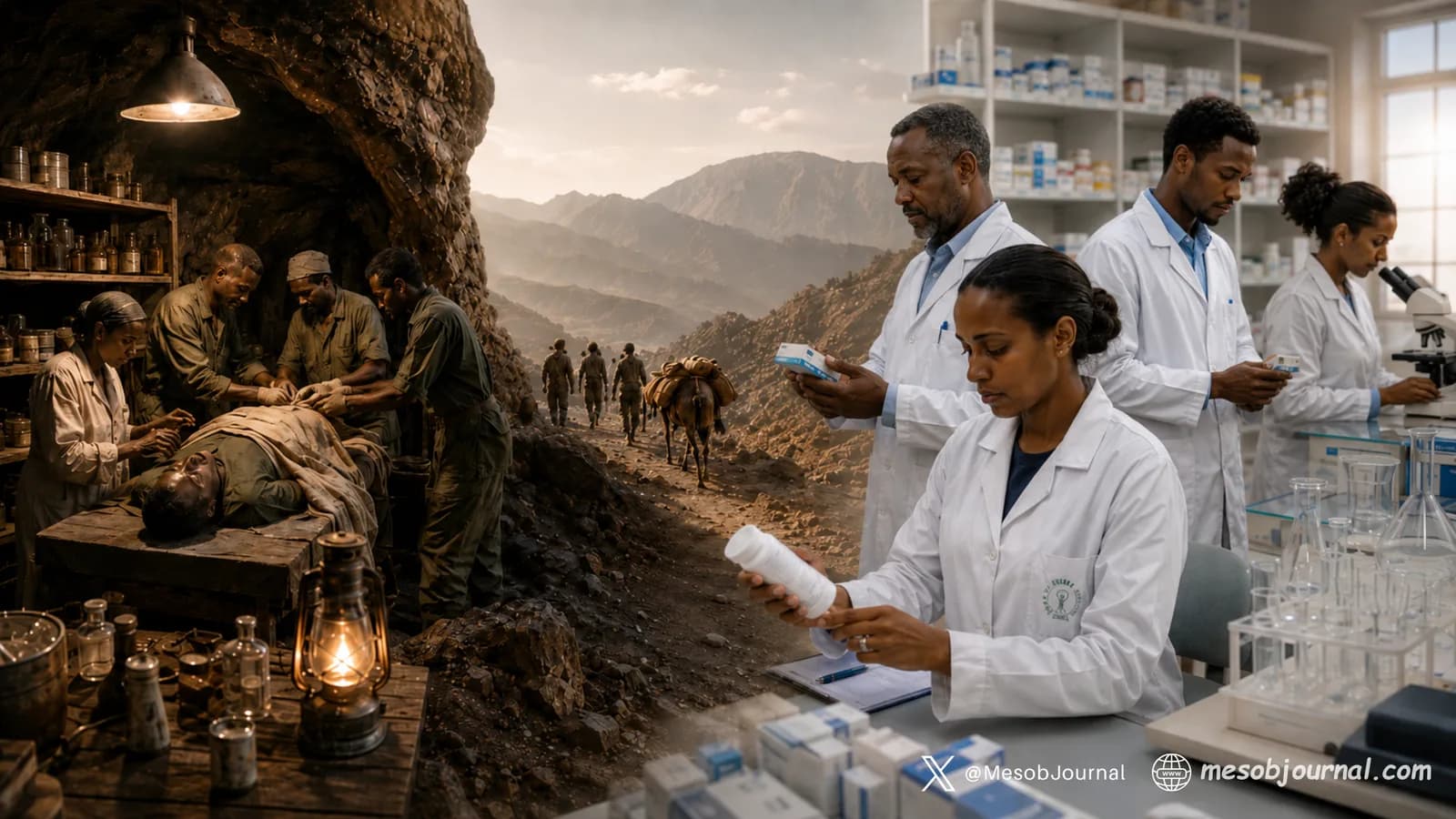 Composite image showing a wartime cave hospital on the left and a modern Eritrean pharmaceutical lab on the right.
