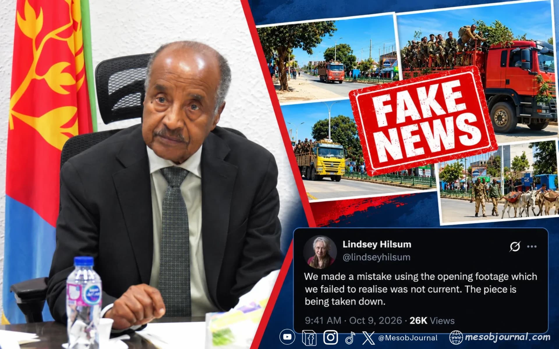 Osman Saleh, an Eritrean flag, troop-image collage and Lindsey Hilsum’s correction.