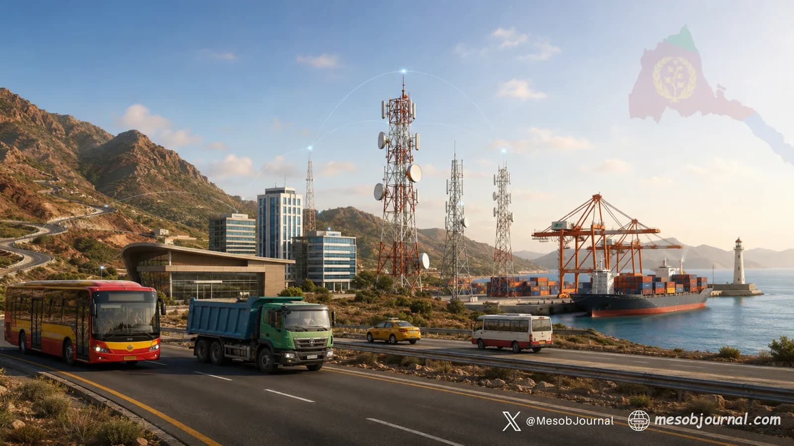 Highway, telecom towers and port infrastructure in Eritrea.