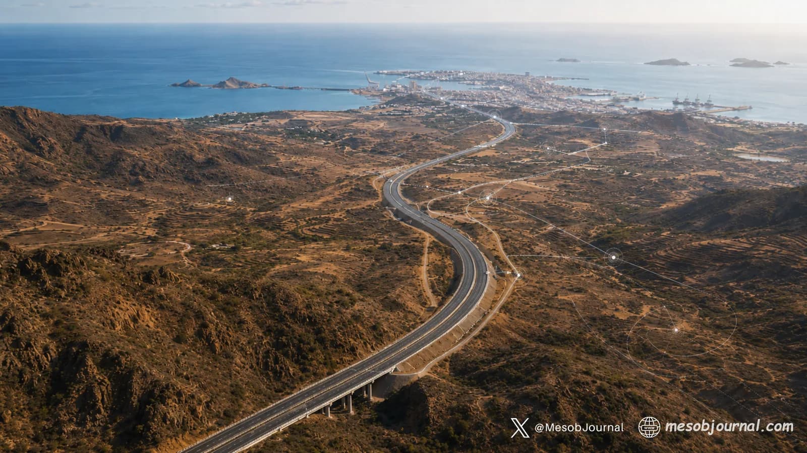 Aerial newsroom illustration of a highway crossing Eritrean highlands toward Massawa and the Red Sea.