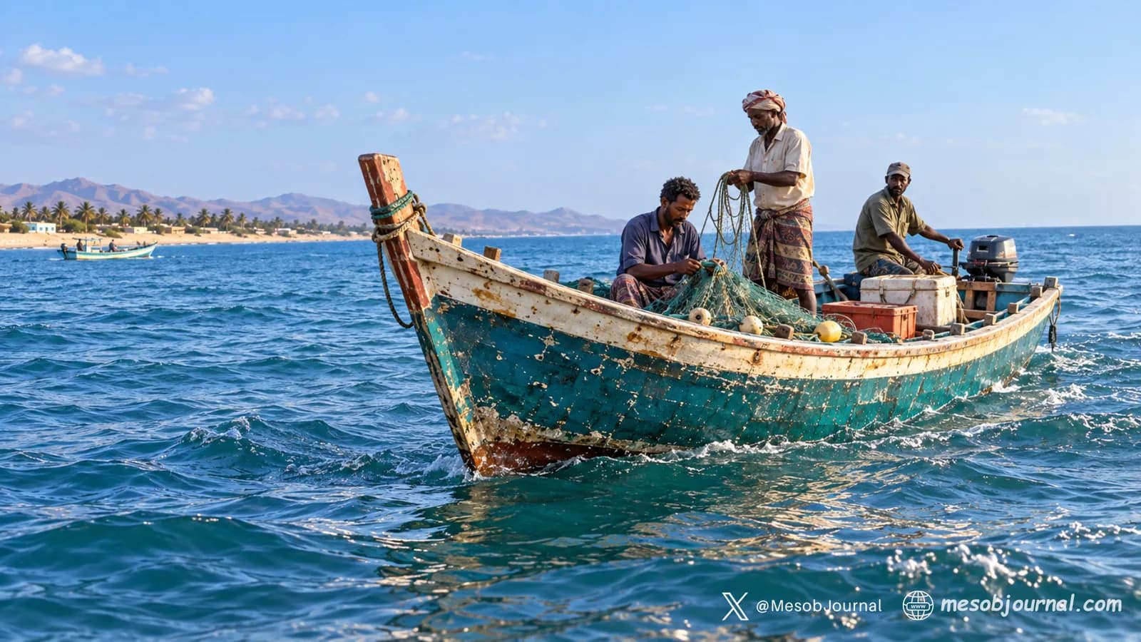 Composite: Scene of three fishermen handling nets aboard a wooden boat on the Red Sea.
