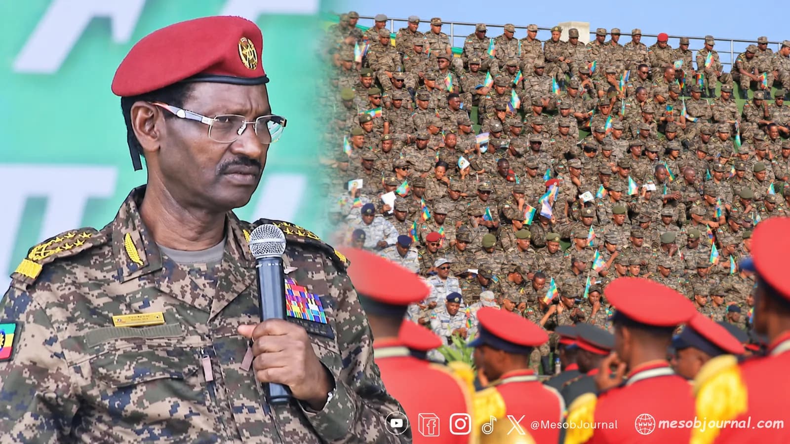 Berhanu Jula in camouflage and a red beret holding a microphone, beside a separate photograph of Ethiopian troops at a gathering.