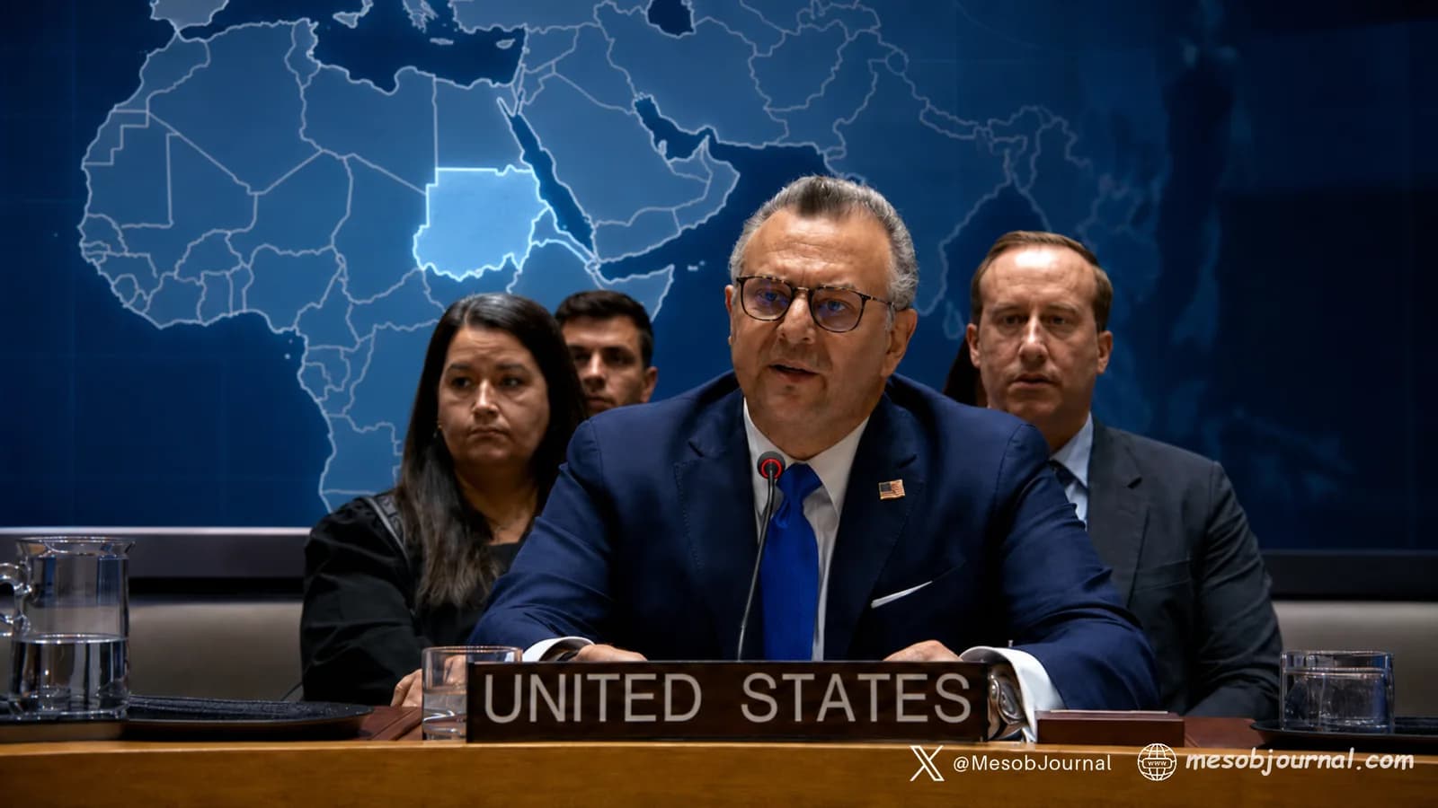 Composite: Massad Boulos, senior adviser to the U.S. president for Arab and African affairs, at the UN Security Council.