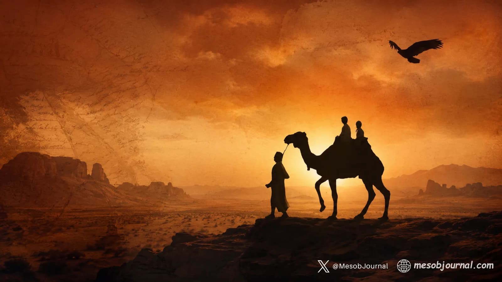 Camel caravan silhouette at sunset