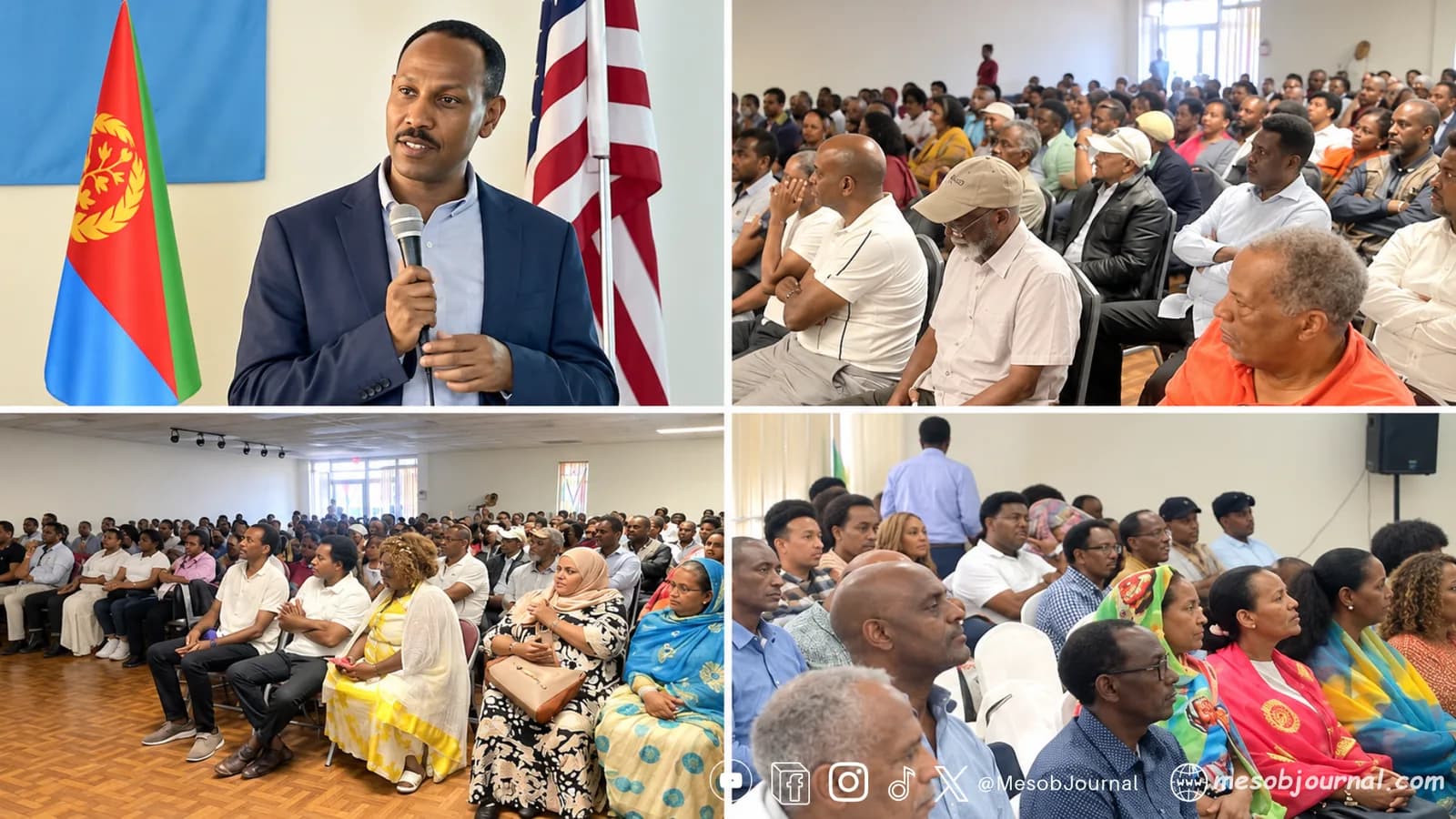 Four-photo collage showing Eritrean Embassy consular official Anur Humed speaking alongside images of Eritrean community members attending seminars in Dallas and Houston, Texas.