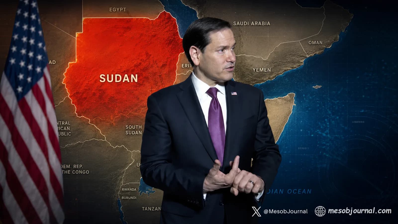 U.S. Secretary of State Marco Rubio stands before a map highlighting Sudan, with the Horn of Africa and Red Sea region in the background.