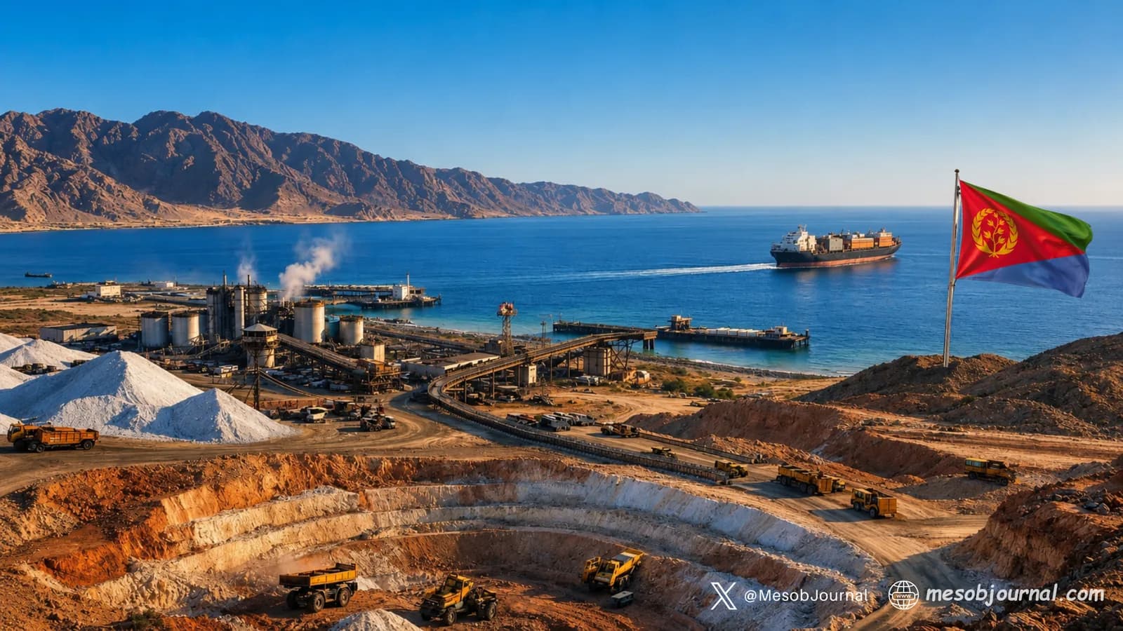 Coastal mining site near the Red Sea with Eritrean flag.