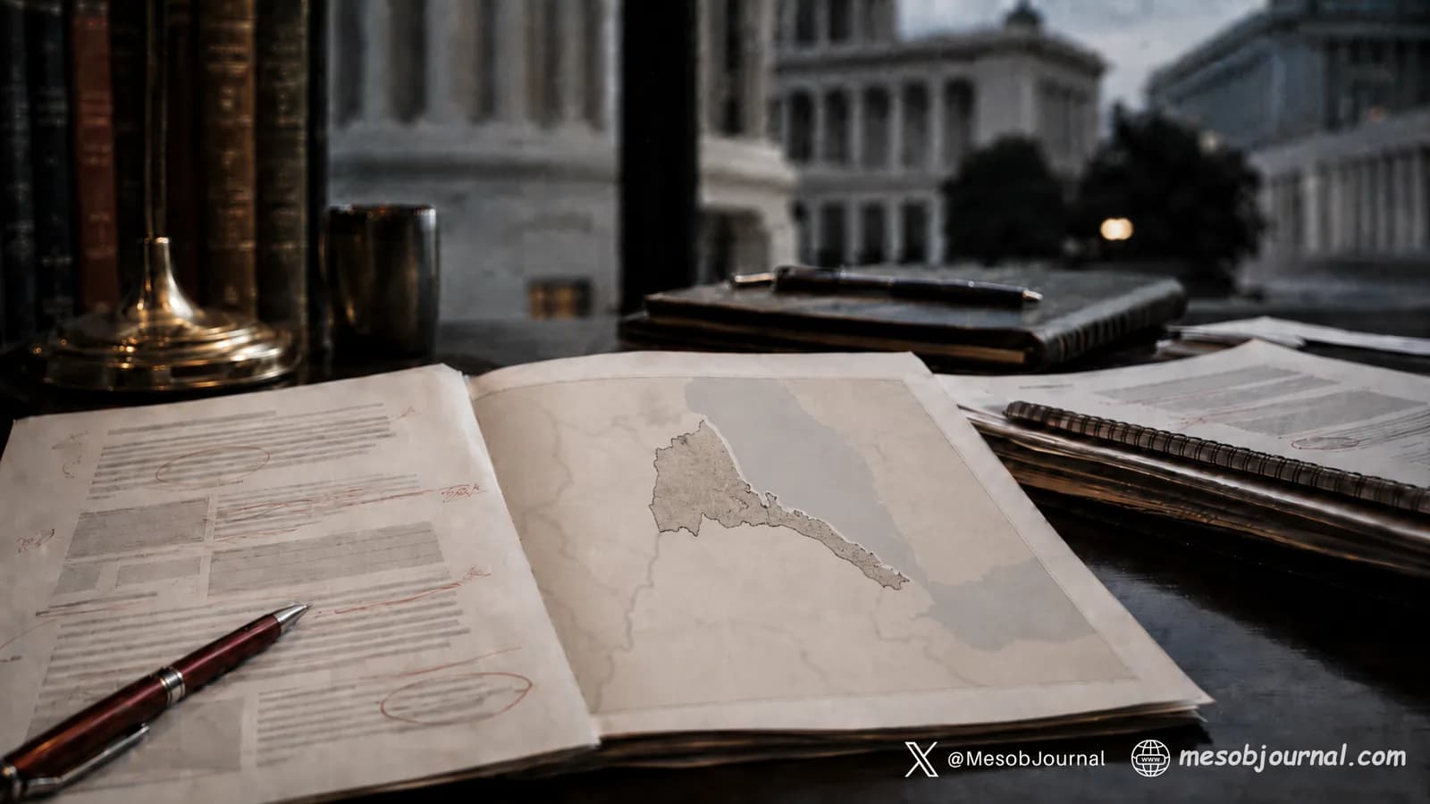 Newsroom desk with policy papers and a subtle Eritrea Red Sea map