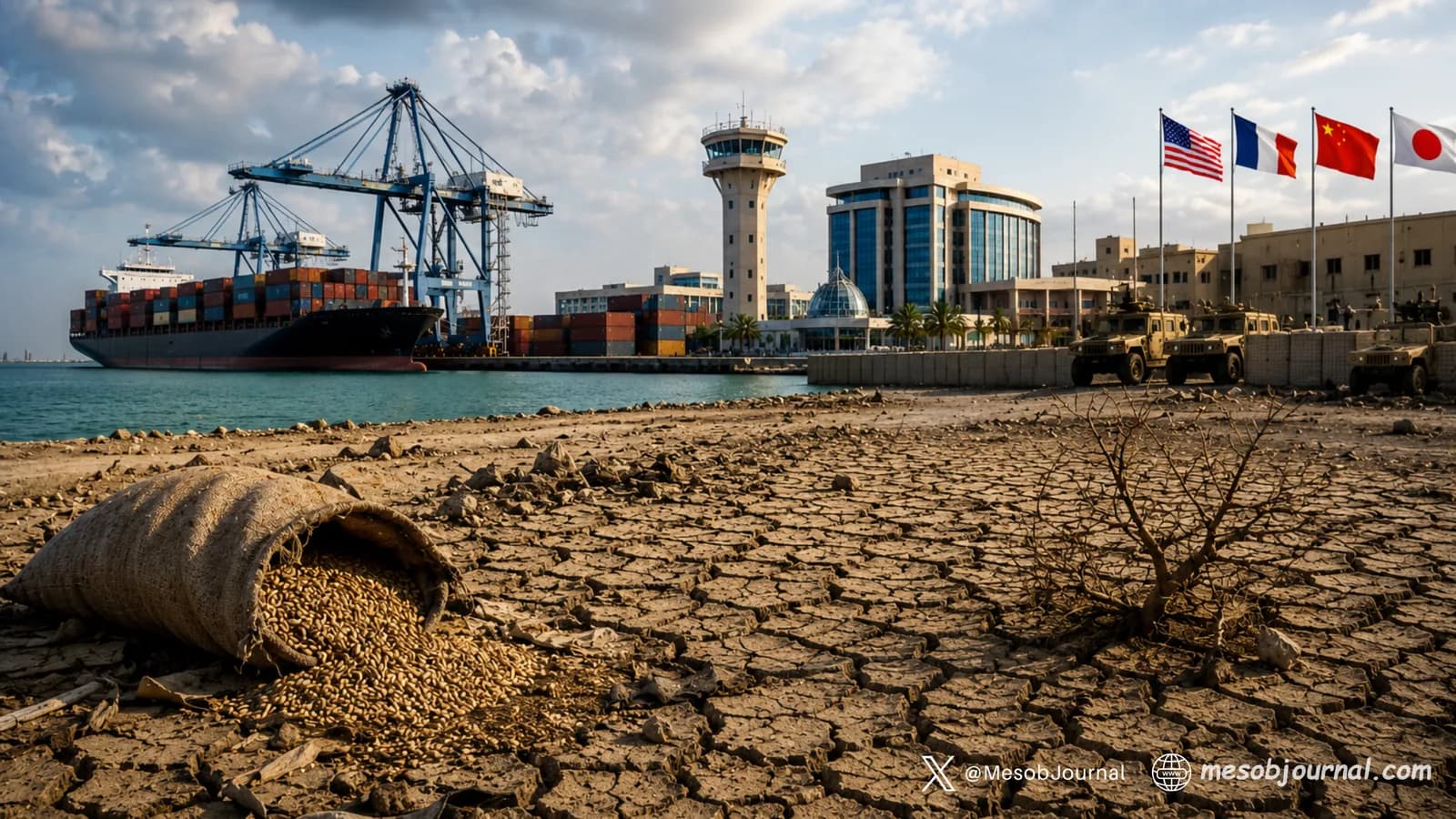 Dry land, spilled grain and Djibouti’s port in the background.