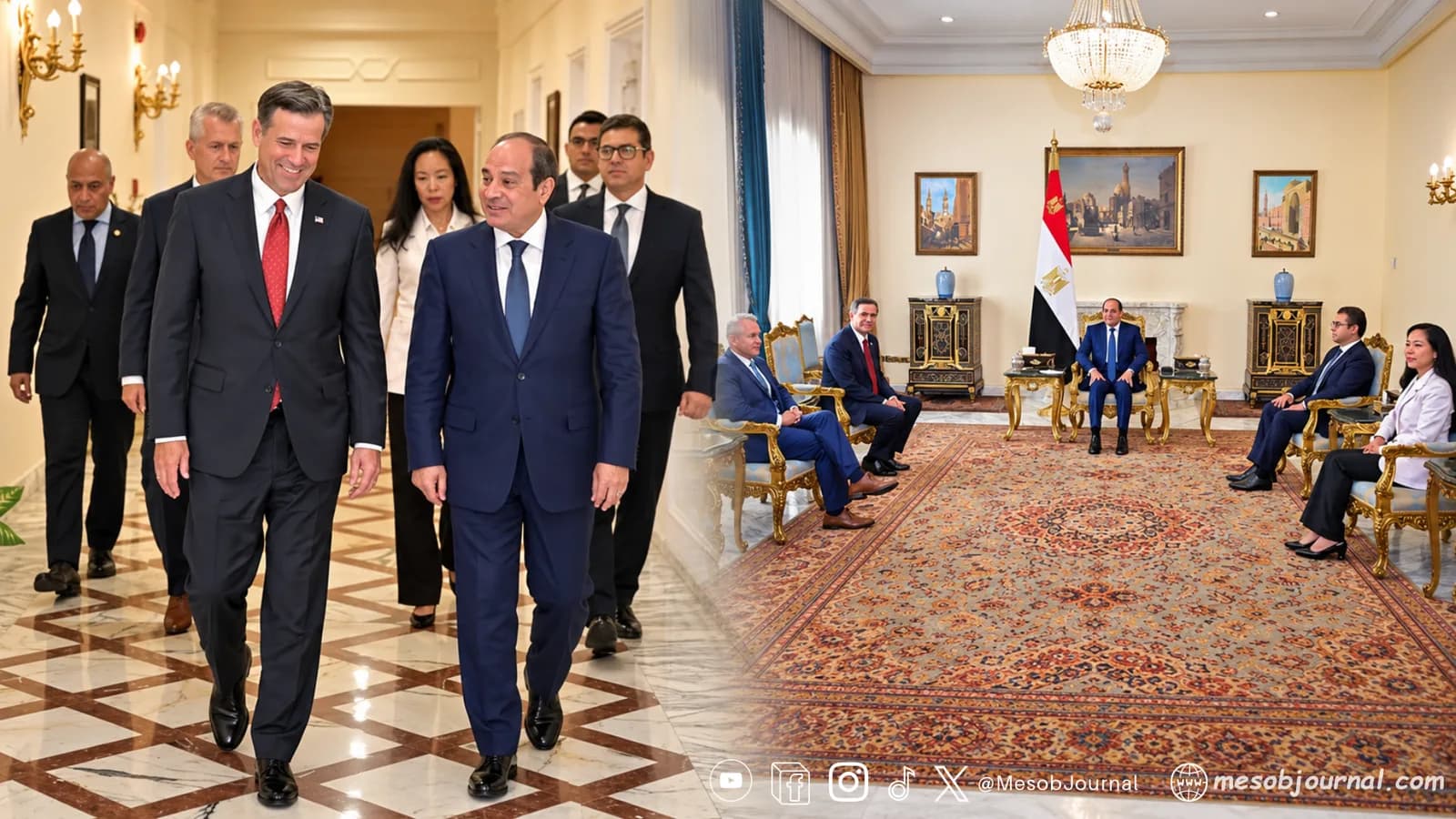Egyptian President Abdel Fattah El-Sisi meets CIA Director John Ratcliffe in Cairo, shown in a combined hallway and meeting-room scene.