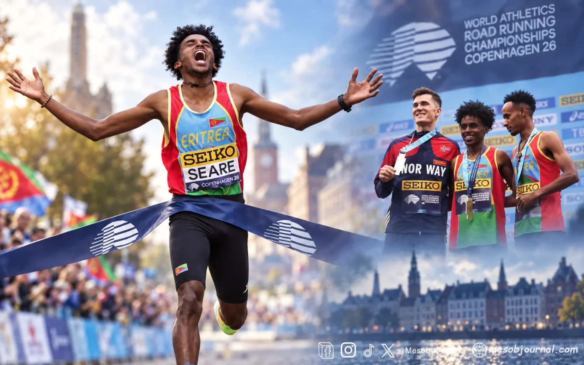 Composite of an Eritrean runner celebrating and the Copenhagen medal podium.
