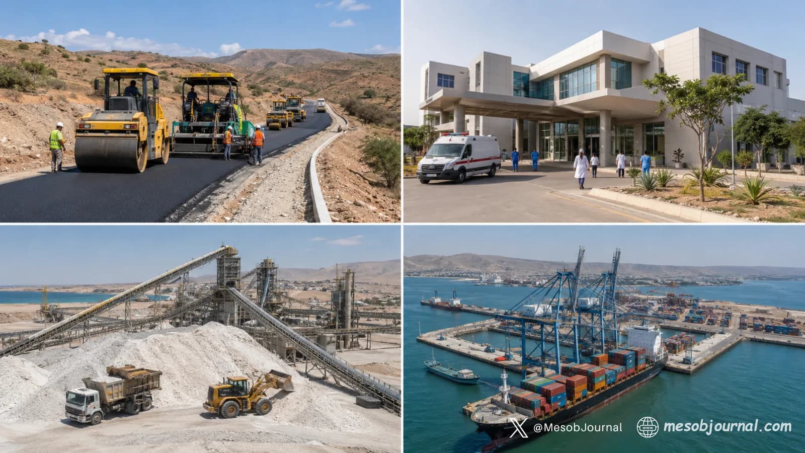 Eritrea development collage showing roads, healthcare, potash and port infrastructure.