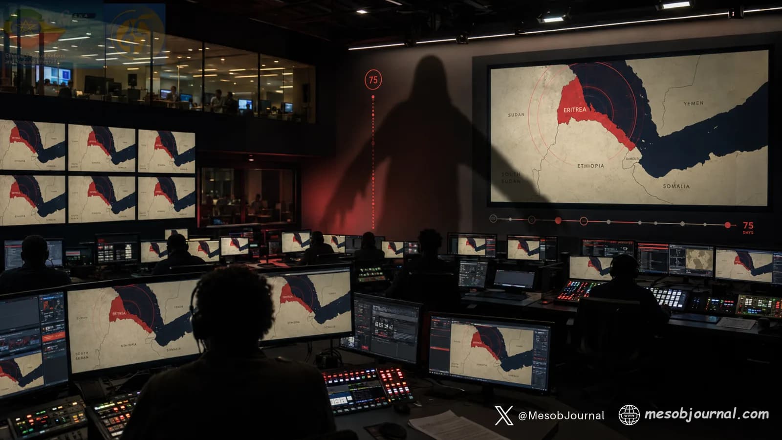 Ethiopian state-media newsroom screens repeatedly portraying Eritrea as a regional threat.