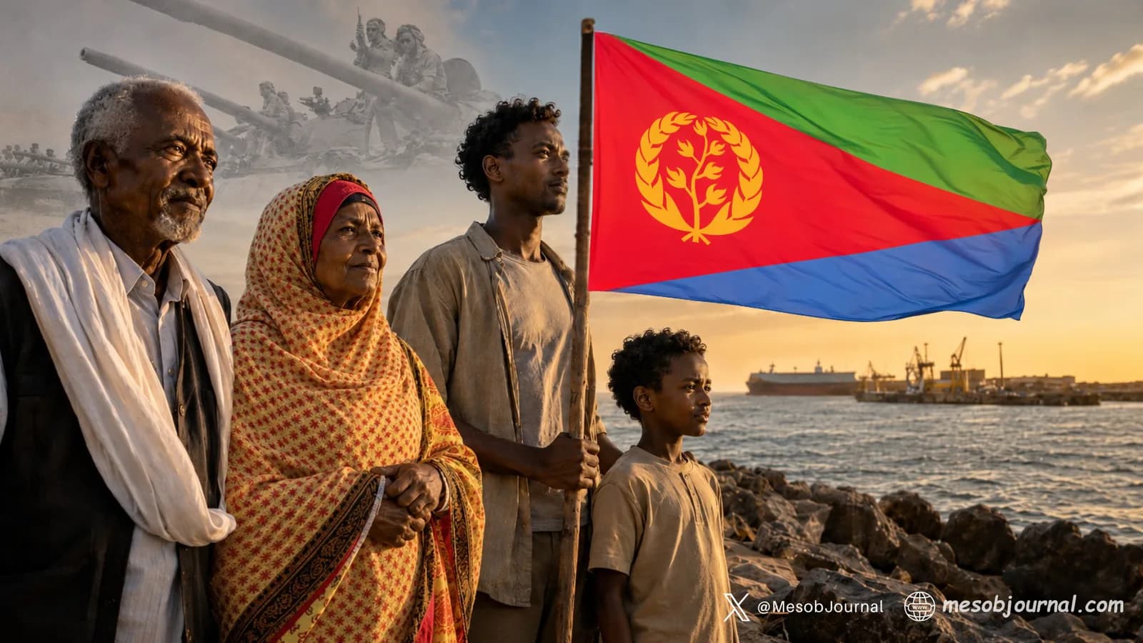 Eritreans holding national flag by the Red Sea.