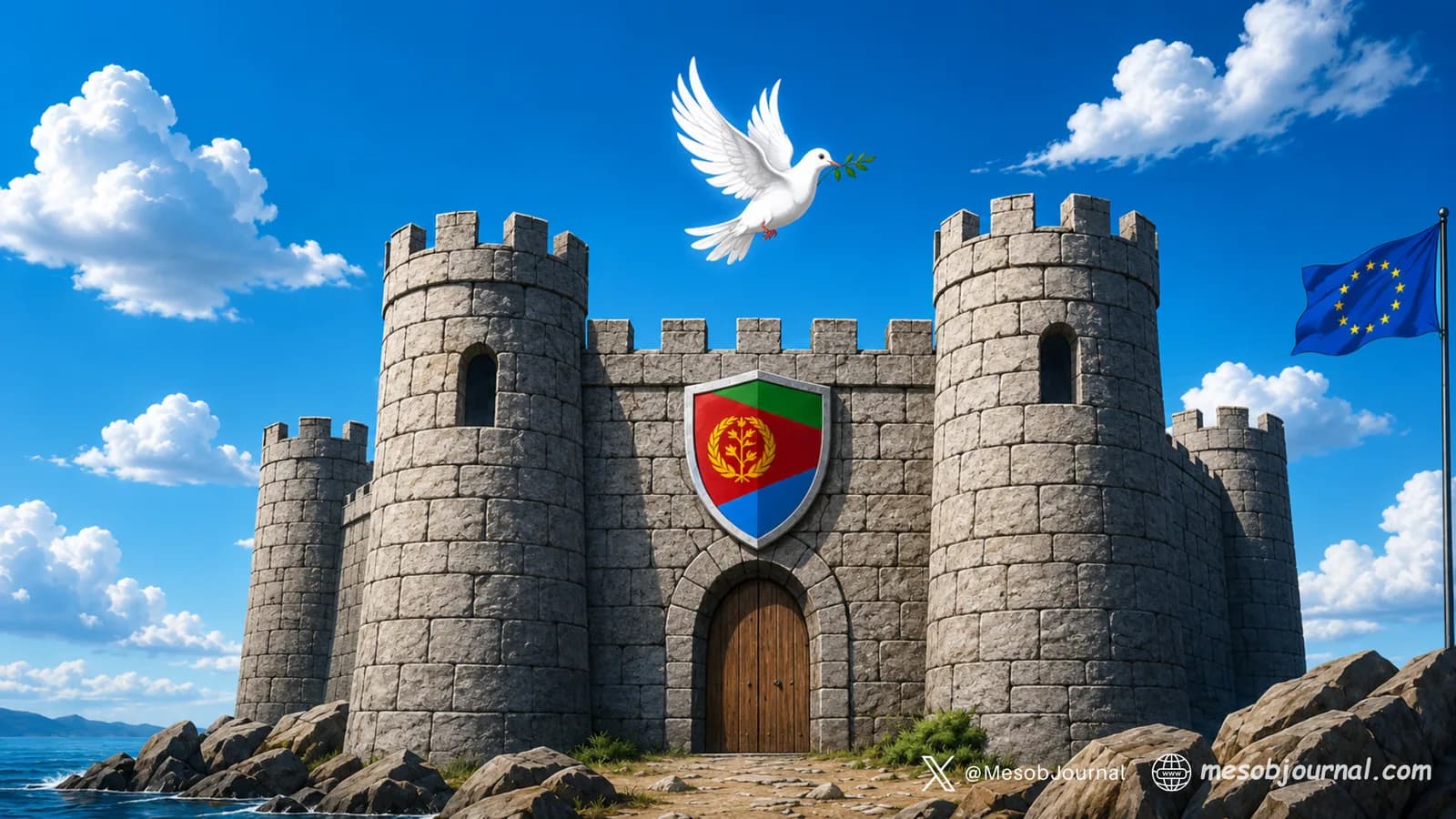 Stone fortress with Eritrean shield and peace dove.