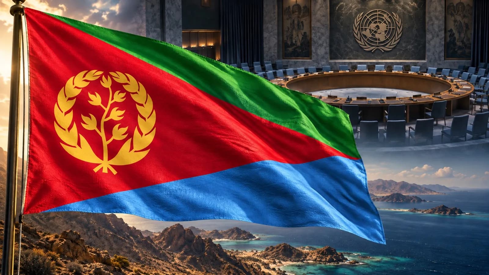 Eritrean flag in the foreground of an editorial composite showing a symbolic UN Security Council chamber and Red Sea coastline.