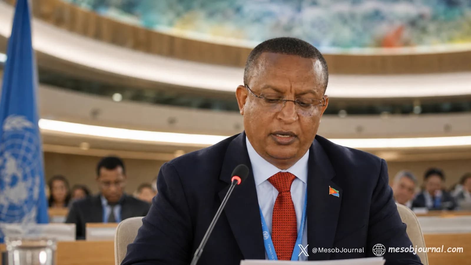 Composite: Habtom Zerai Ghirmai addressing a session at the UN Human Rights Council in Geneva.