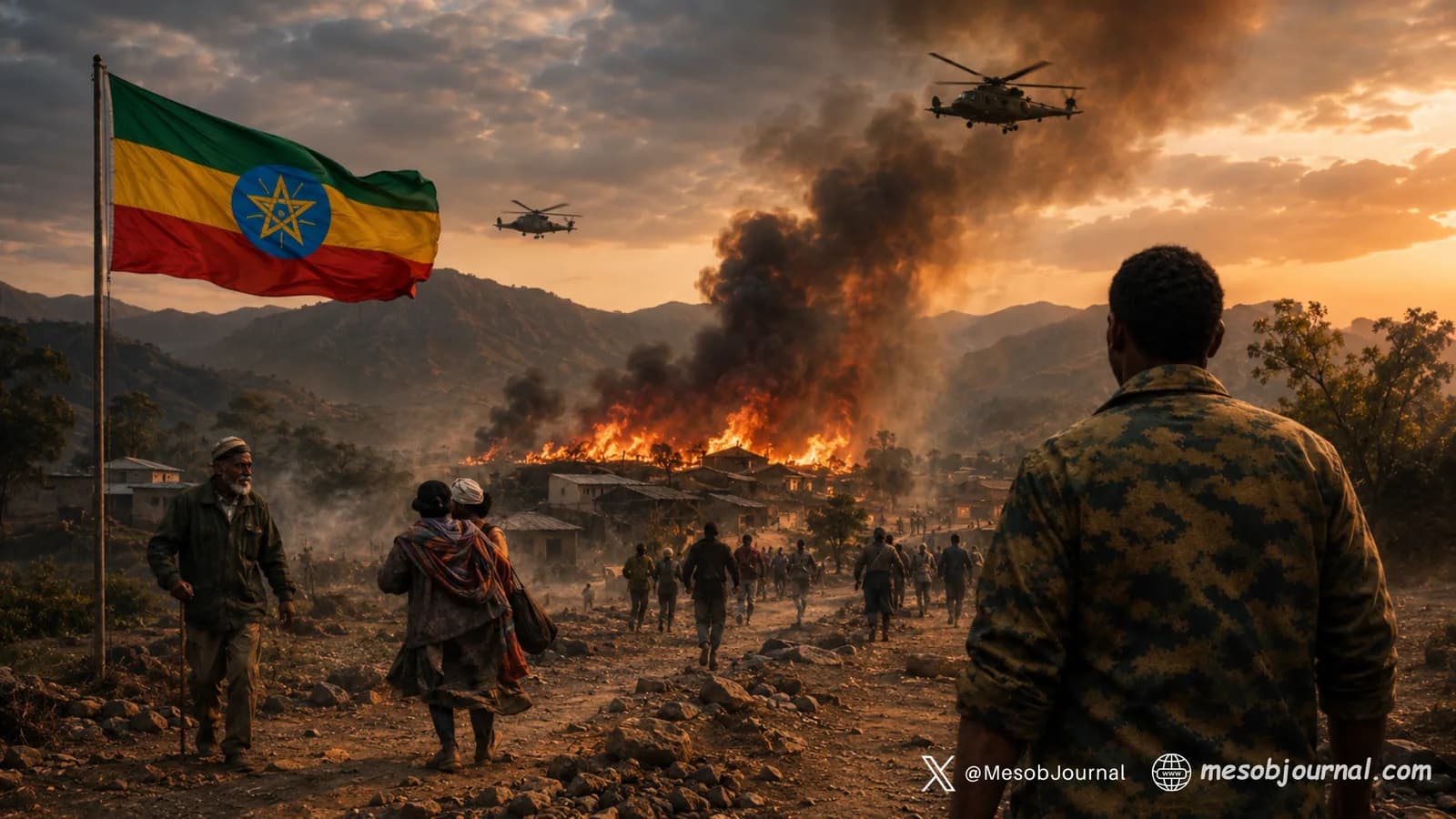 Smoke rises over an Ethiopian village