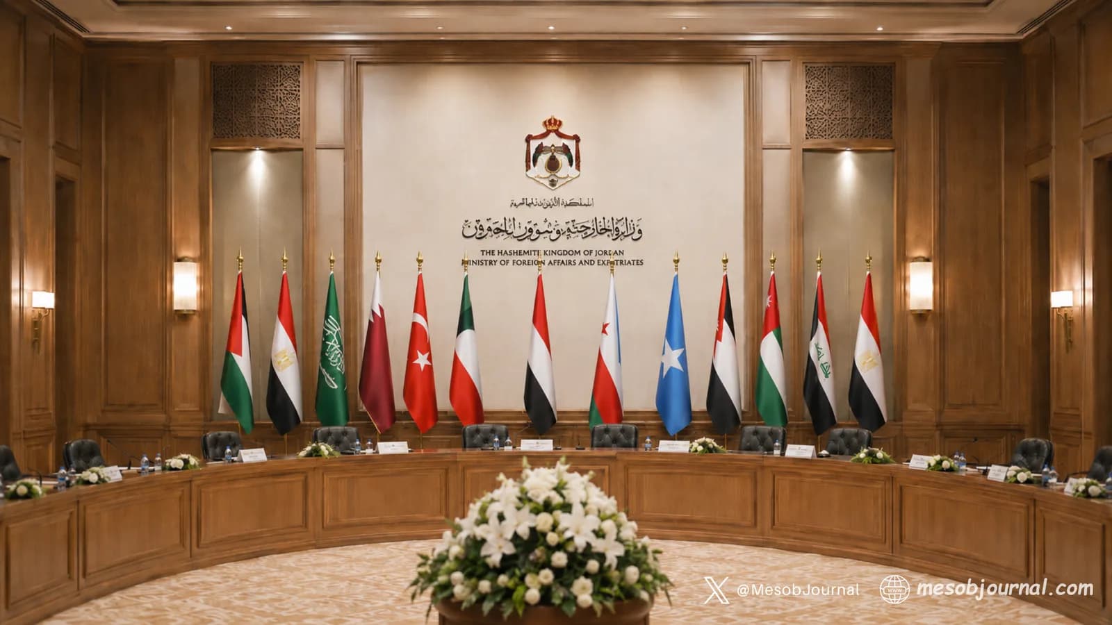 Empty diplomatic conference room with regional flags.