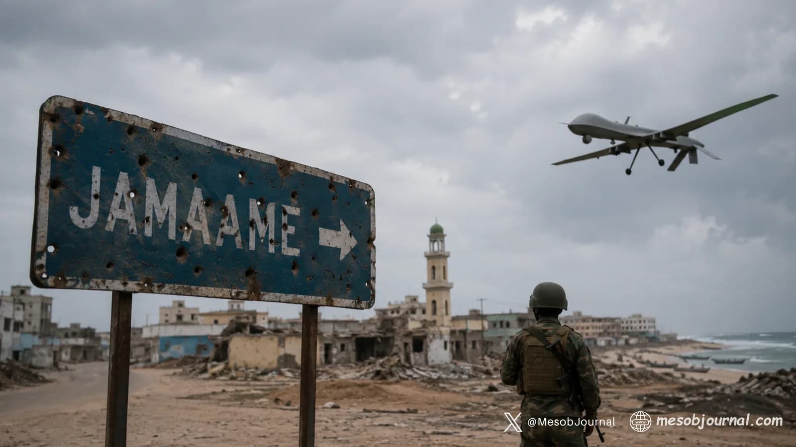 Drone above a damaged Somali town.