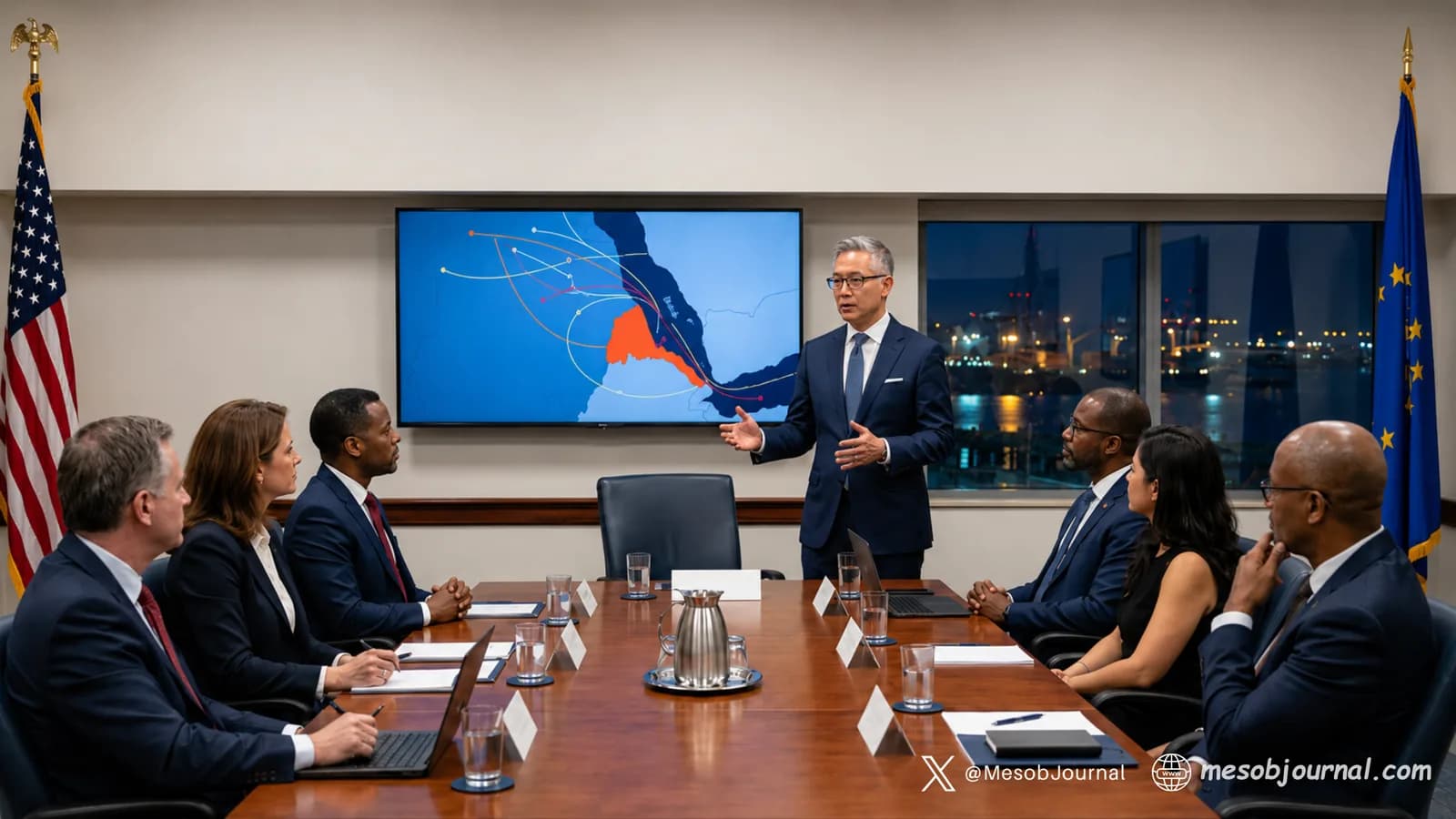 Officials reviewing a Red Sea map in a boardroom.