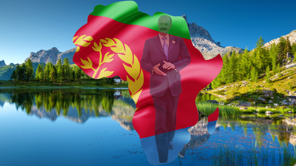 Composite: Eritrea's President Isaias Afwerki with Eritrean flagged Africa map.